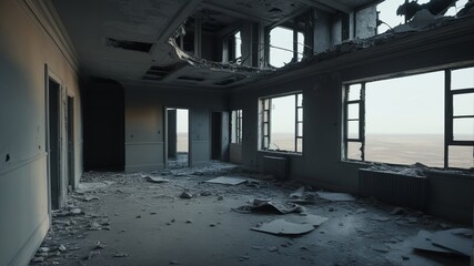 interior of a post apocalyptic destroyed building with dark atmosphere