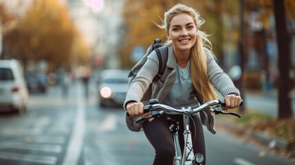 a young beautiful blonde american woman riding a bicycle on a road in a city street