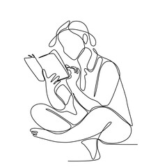 continuous line drawing of woman reading vector illustration