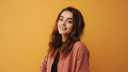 Portrait of a smiling young woman looking at camera isolated over yellow background