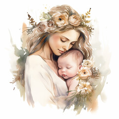 Beautiful mother with her newborn baby. Digital watercolor painting.