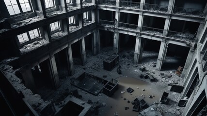 interior of a post apocalyptic destroyed building with dark atmosphere