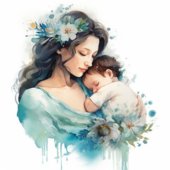 Watercolor portrait of a mother with a baby on a white background