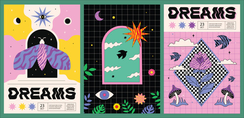 A set of vibrant surreal posters with grid, arch, textural elements and abstract shapes. A design inspired by the aesthetics of the 70s