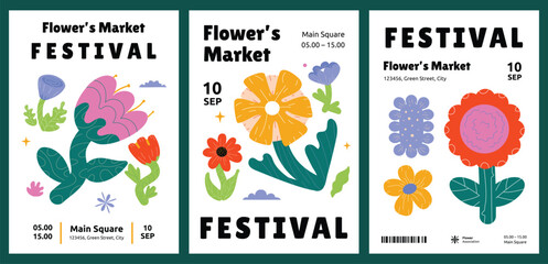 A set of posters with simple huge flowers and leaves. Modern design of flyers on spring and festival themes. Vector stylized multicolored illustrations. - obrazy, fototapety, plakaty