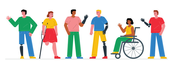 A diverse group of injured people. Representation of disability, possibilities of prostheses and treatment for further mobility. - obrazy, fototapety, plakaty