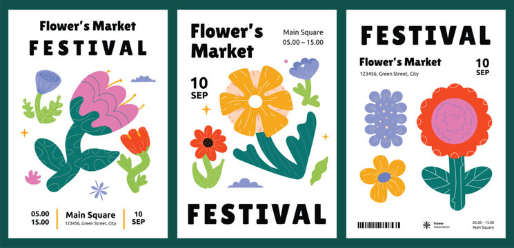 A set of posters with simple huge flowers and leaves. Modern design of flyers on spring and festival themes. Vector stylized multicolored illustrations.