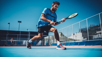  Male athlete going for a backhand shot on a blue padel court. Skilled padel player wielding his padel racket during a competitive sports game. 