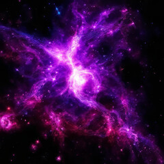 Neon purple nebula in space.