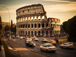 Ethereal long exposure shot of traffic circling the ancient Colosseum in Rome, blending modern urban life with historical grandeur