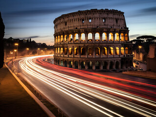 Night in Rome: Dynamic swirl of traffic around the Colosseum, capturing the essence of the old city's blend of history and contemporary hustle