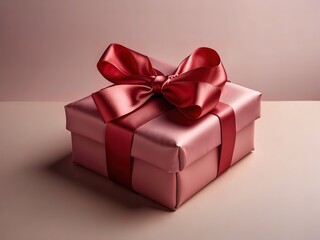 Banner with pink gift box with ribbon and bow on white pink background.Holiday gift with Birthday or Valentine present,flat lay, top view, copy space..Generated by AI