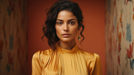 Fototapeta premium Portrait of a beautiful brunette woman in a yellow dress .