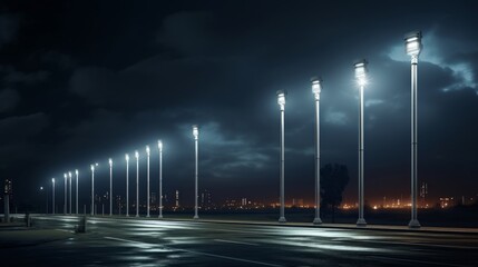 Modern street LED lighting pole. Urban electro-energy technologies. A row of street lights against the night sky - obrazy, fototapety, plakaty