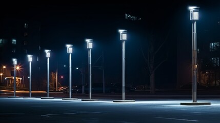 Modern street LED lighting pole. Urban electro-energy technologies. A row of street lights against...