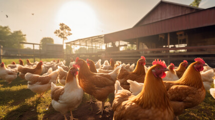 Warm sunrise envelops a bustling henhouse, with curious chickens exploring the fresh morning