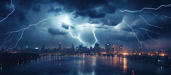 Naklejka premium City illuminated by lightning, stormy clouds overhead.