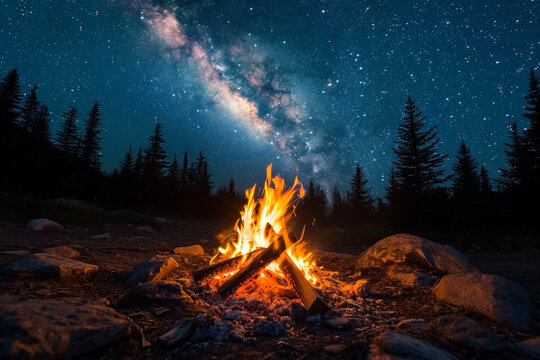 Close up of campfire and constellations in the wilderness and Milky Way. Lifestyle concept of summer and landscape.