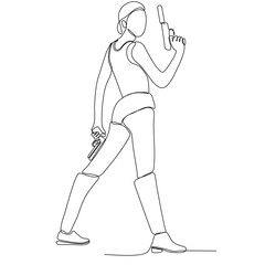 One single line drawing of young woman practicing to shoot target within range on shooting training field vector graphic illustration. Clay pigeon shooting sport concept. Drawing design