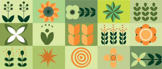 Geometric floral pattern. Scandinavian style. Natural organic flower plants, eco farming concept. Spring concept. Abstract vector minimal illustration.