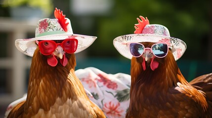 Chic Chickens: Fashionable Accessories, Sunglasses, and Hats in Backyard Pose | Quirky Poultry Style