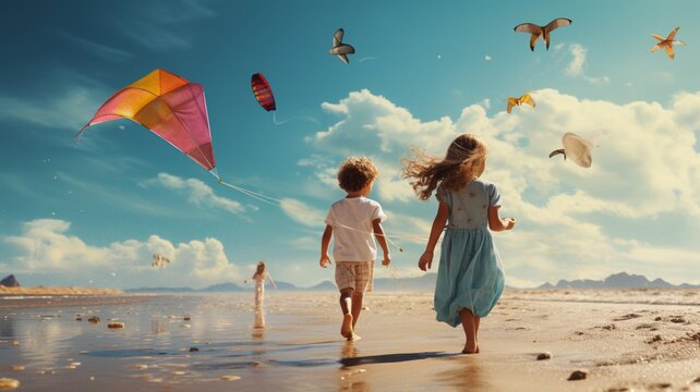 Two children flying kites on beach sun lighting background AI generated picture