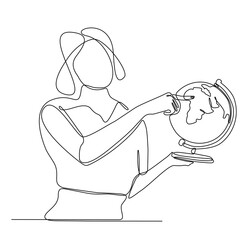 Continuous line drawing of a single line drawing woman holding a globe