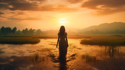 Woman standing in rice paddy sunrise