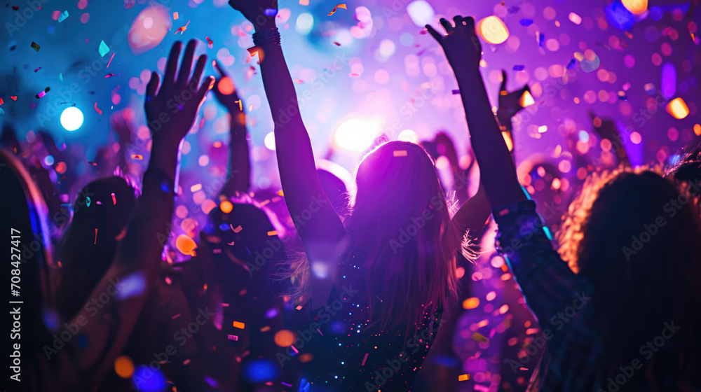 Poster Dynamic scene of people dancing and celebrating at a party or club with confetti in the air and colorful lights in the background.