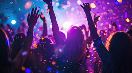 Dynamic scene of people dancing and celebrating at a party or club with confetti in the air and colorful lights in the background. - obrazy, fototapety, plakaty
