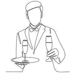One line drawing of a waitress standing with a tray filled with drinking glasses to offer to restaurant guests. Modern continuous line draw graphic design vector illustration