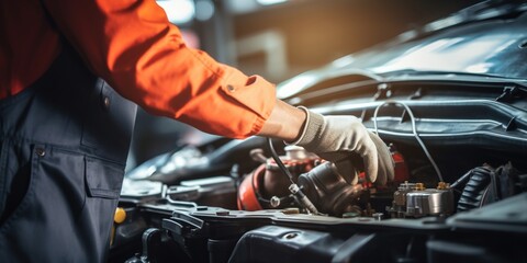 Car mechanic wearing orange jumpsuit fixing a car engine