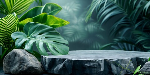 stone podium in a tropical garden with palm leaves
