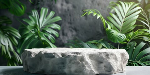 a white marble podium on a dark background with tropical plants