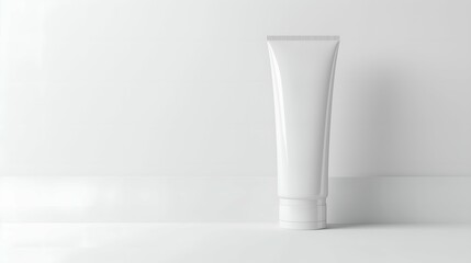 Blank white cosmetic tube mockup on white shelf.