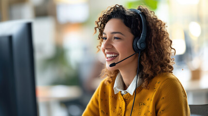 Young woman wearing a yellow cardigan and a white shirt, with curly hair, smiling and wearing a headset, representing a customer service representative or a call center operator.
