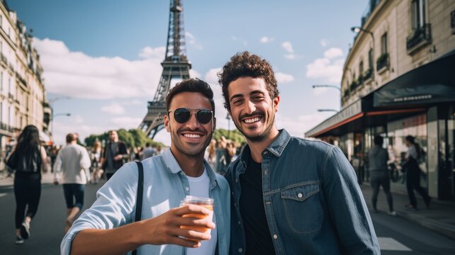 Two friends take a picture in front of the paris tower. One is in a blue shirt and black pants.