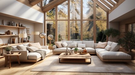 Modern living room interior design with large windows and forest view
