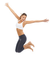 Fototapeta na wymiar Woman, jumping and fitness in studio for exercise or wellness health or performance, mockup or white background. Female person, excited and leap or gym workout pride for balance, yoga or flexibility