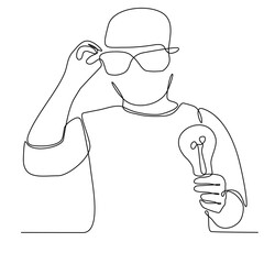 Continuous one line drawing of business man holding idea light bulb. Smart and successful people vector illustration.