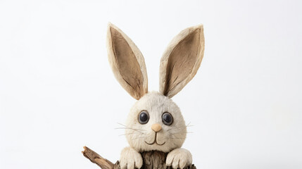 Stuffed Rabbit Perched on Tree Branch, Nature and Toy Concept