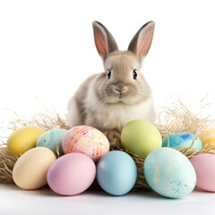 Fototapeta na wymiar Rabbit Sitting Next to Pile of Eggs