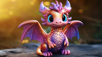 Cute fairytale dragon with wings in shimmering