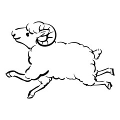 角のあるヒツジの和風ベクターイラスト（白黒）。