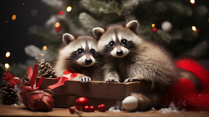 Cute fluffy raccoons posing for christmas photo