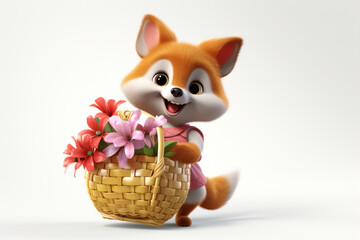 Fototapeta premium Happy little smiling red fox holding wicker basket with flowers, isolated on light background