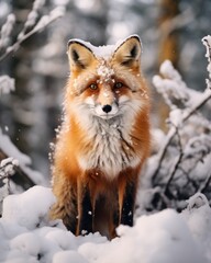 Full body portrait of red fluffy fox on snowy landscape in forest, standing and looking at camera