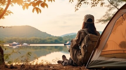 Woman traveller camping in campsite with freshly morning action - obrazy, fototapety, plakaty