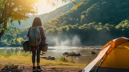 Woman traveller camping in campsite with freshly morning action - obrazy, fototapety, plakaty