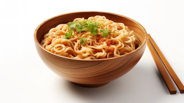 A wooden dish of soup with noodles, isolated on a white backdrop, top view, copy space, healthy, Generative AI.